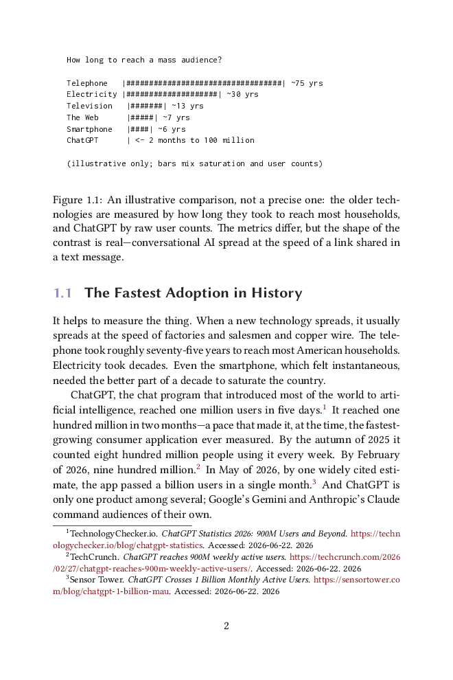 A page from Chapter 1 comparing how long the telephone, electricity, television, the web and the smartphone took to reach a mass audience, above the opening of the section on adoption speed