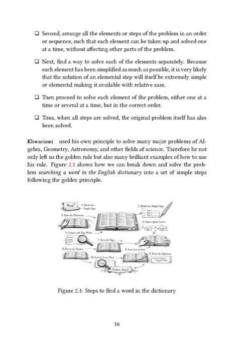 A page from Chapter 2 showing Al-Khwarizmi's golden principle and a figure breaking dictionary search into eleven steps
